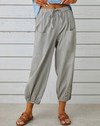 Katoenen broek met hoge taille, koord en zakken opzij