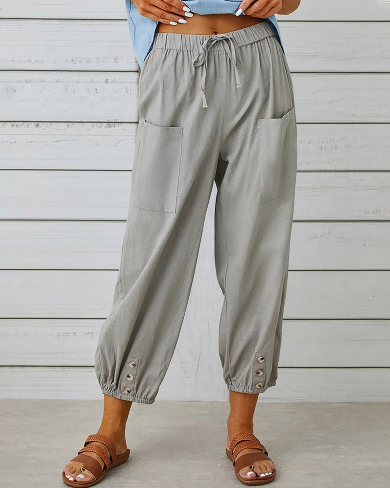 Katoenen broek met hoge taille, koord en zakken opzij