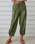 Katoenen broek met hoge taille, koord en zakken opzij