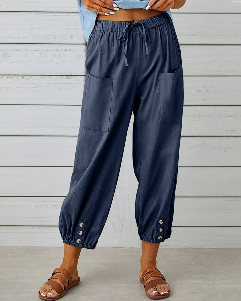 Katoenen broek met hoge taille, koord en zakken opzij
