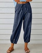 Katoenen broek met hoge taille, koord en zakken opzij