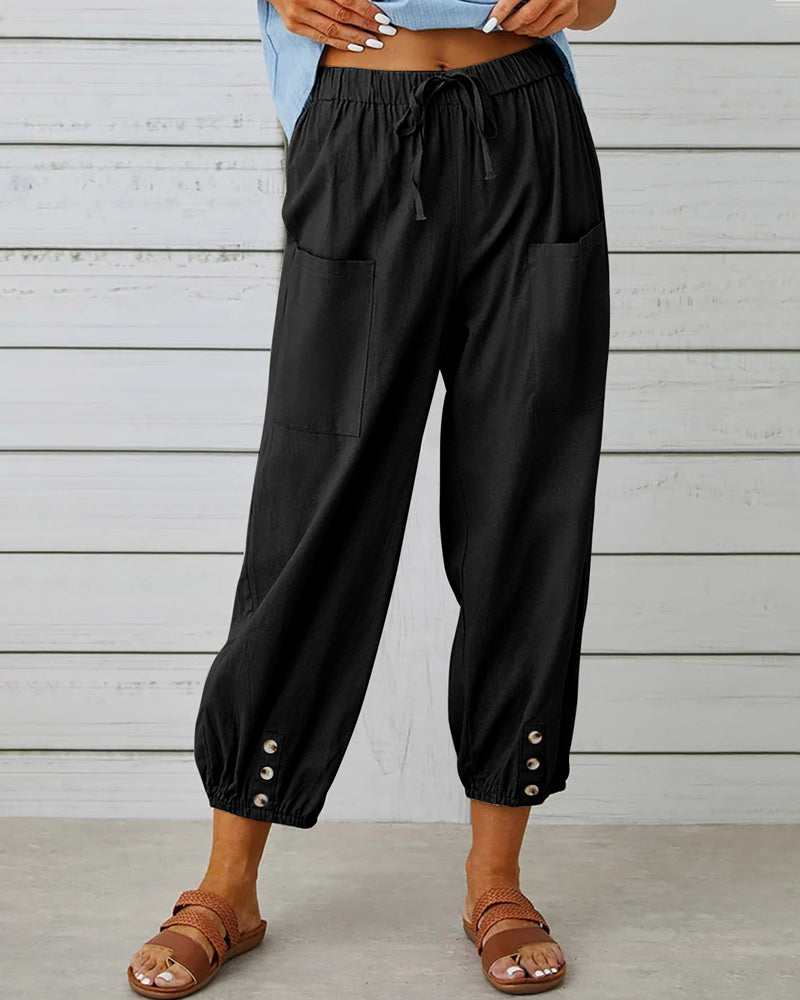 Katoenen broek met hoge taille, koord en zakken opzij