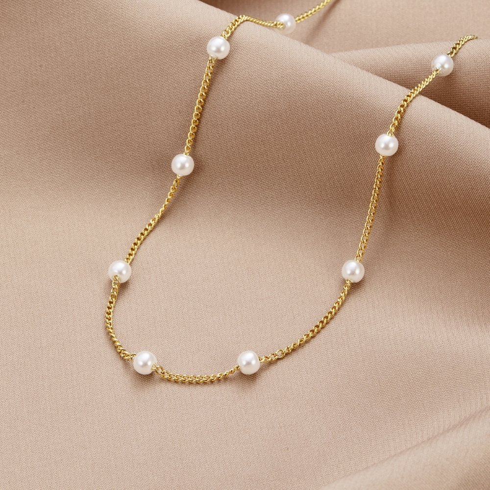 Gold-Tone Chain Necklace with Spaced Pearls