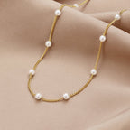 Gold-Tone Chain Necklace with Spaced Pearls