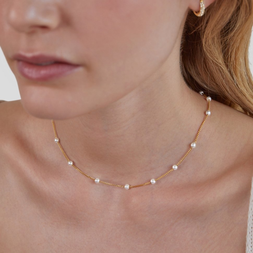 Gold-Tone Chain Necklace with Spaced Pearls