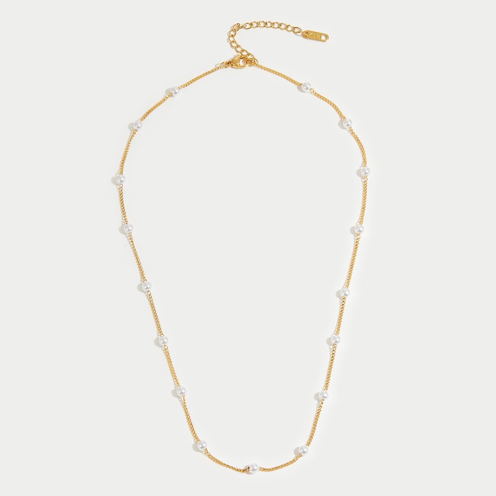 Gold-Tone Chain Necklace with Spaced Pearls