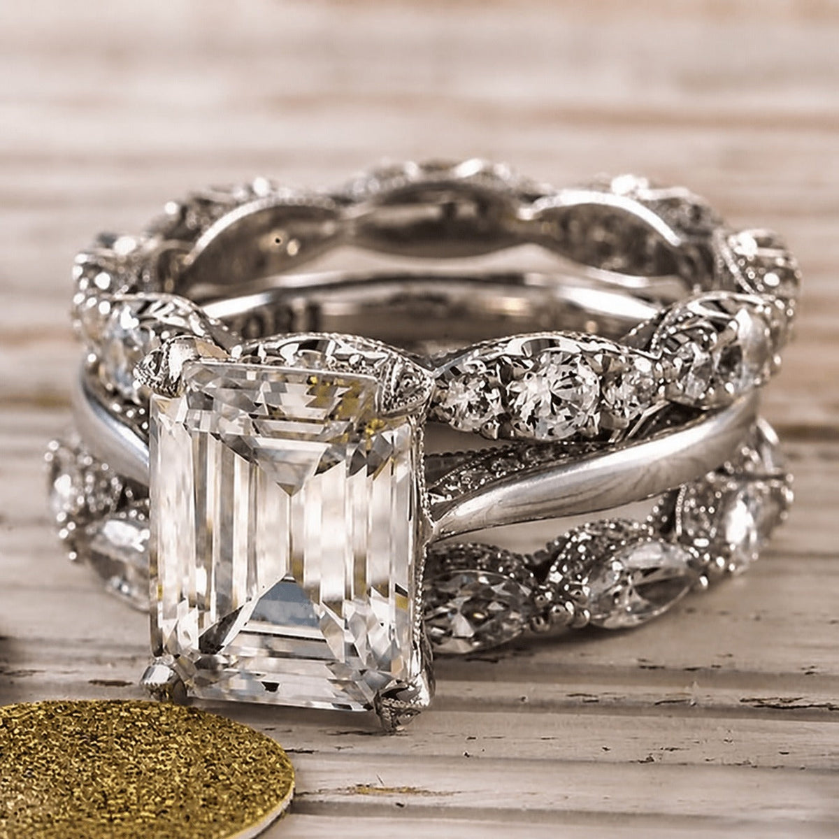 Emerald-Cut Crystal Bridal-Style Ring with Filigree Bands