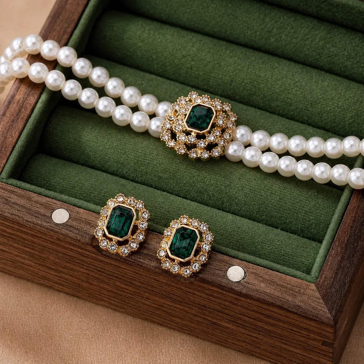 Pearl and Emerald-Look Necklace Set
