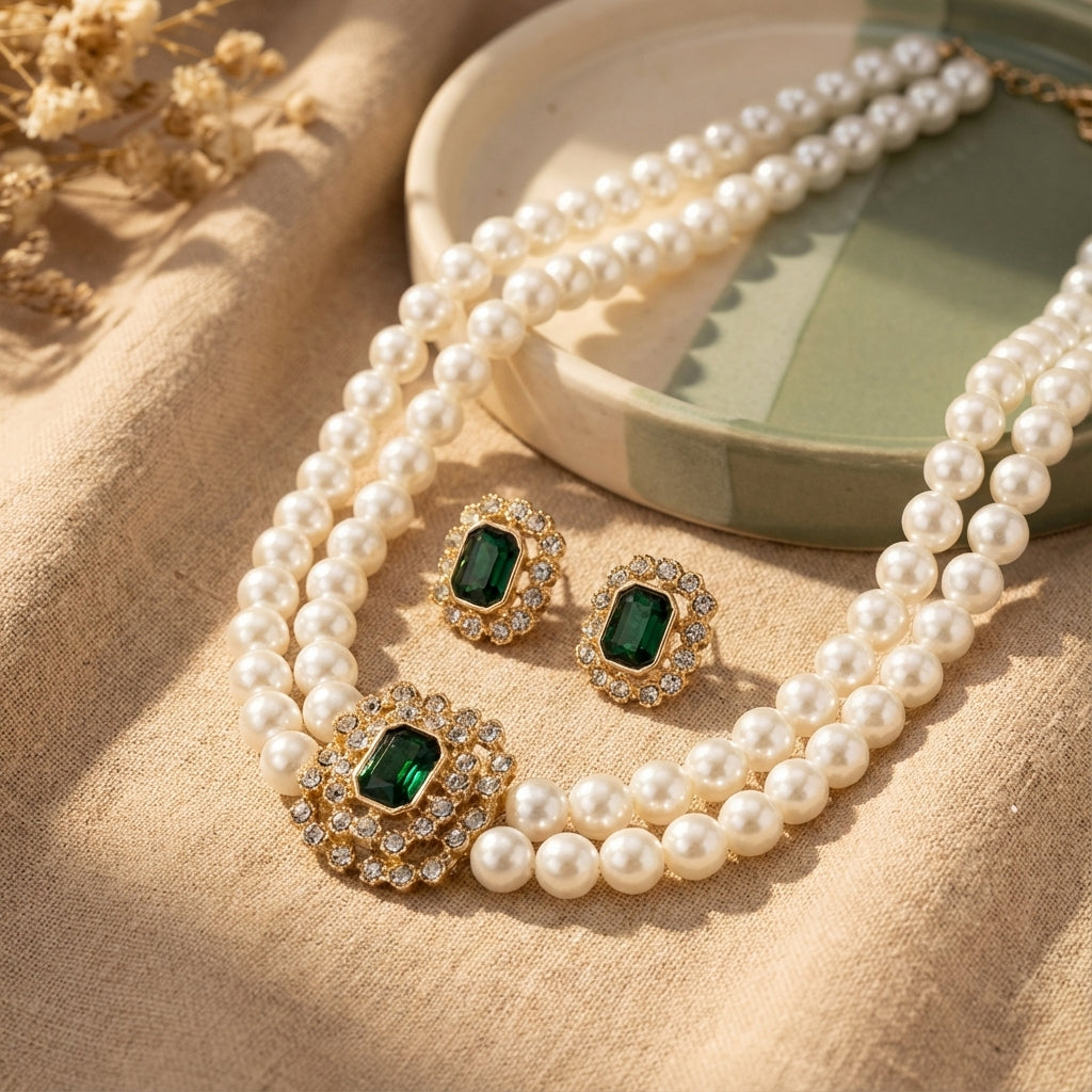 Pearl and Emerald-Look Necklace Set