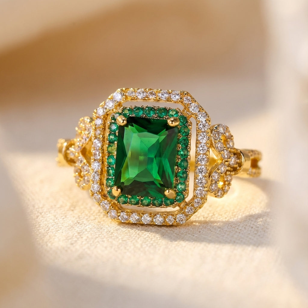 Adjustable Emerald-Look Gold-Tone Ring