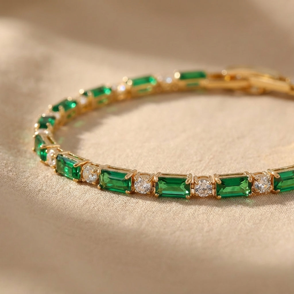Green Baguette Stone Tennis Bracelet in Gold Tone