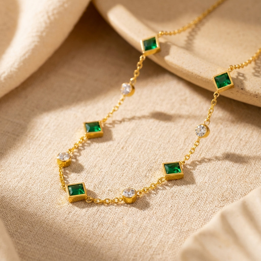 Emerald-Look Square Station Necklace in Gold Tone