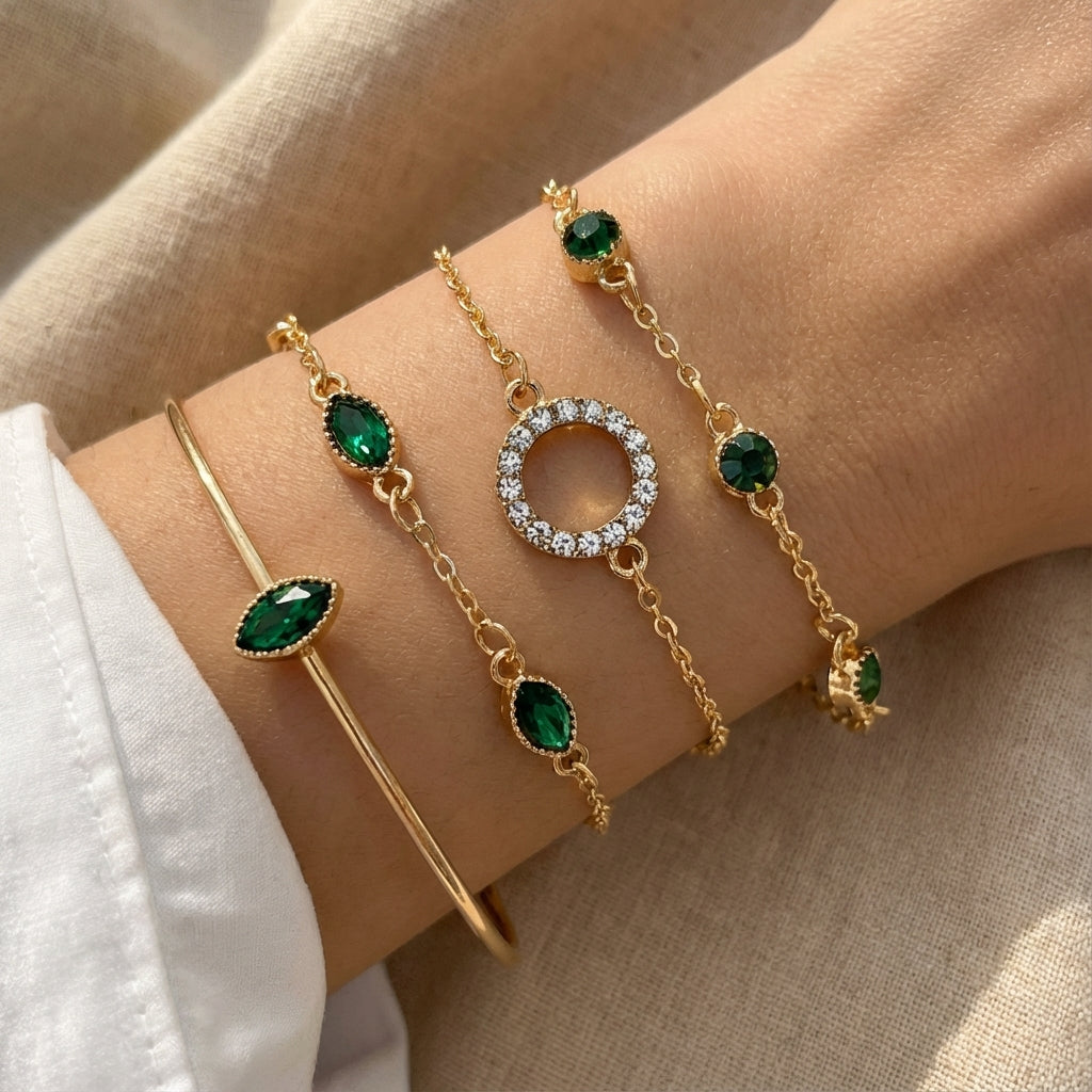 Gold-Tone Leaf Bracelet Set with Green Stones