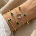 Gold-Tone Leaf Bracelet Set with Green Stones