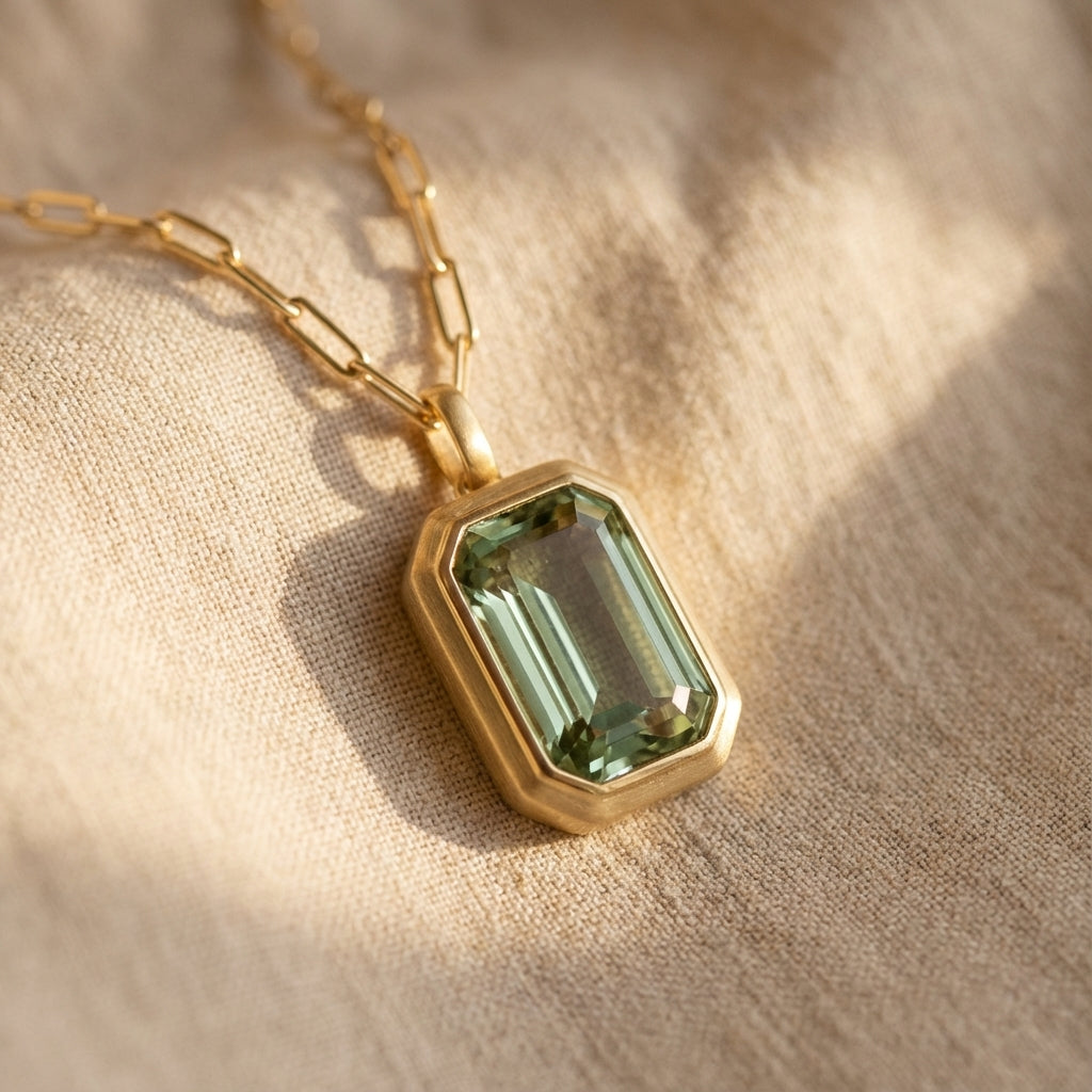 Pale Green Stone Pendant on Paperclip Chain