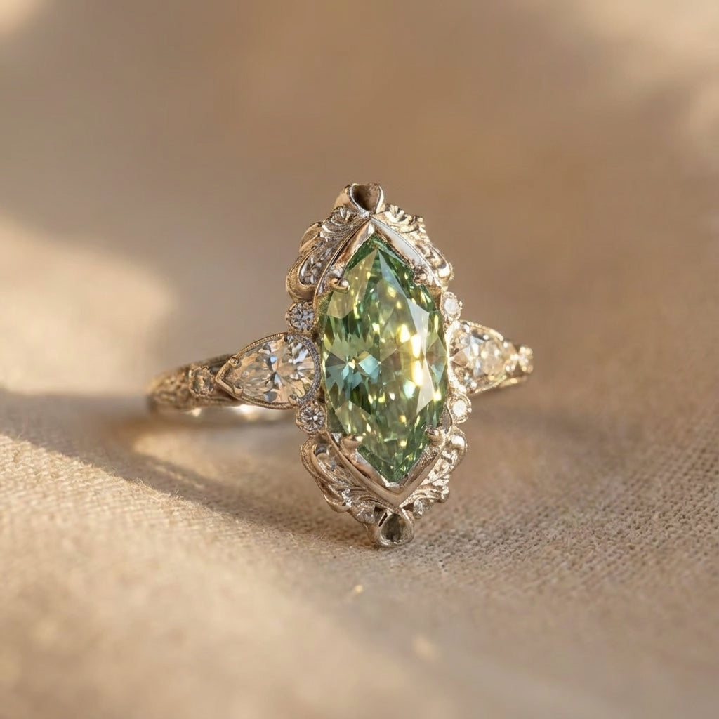 Pale Green Marquise Stone Ring with Zirconia Frame