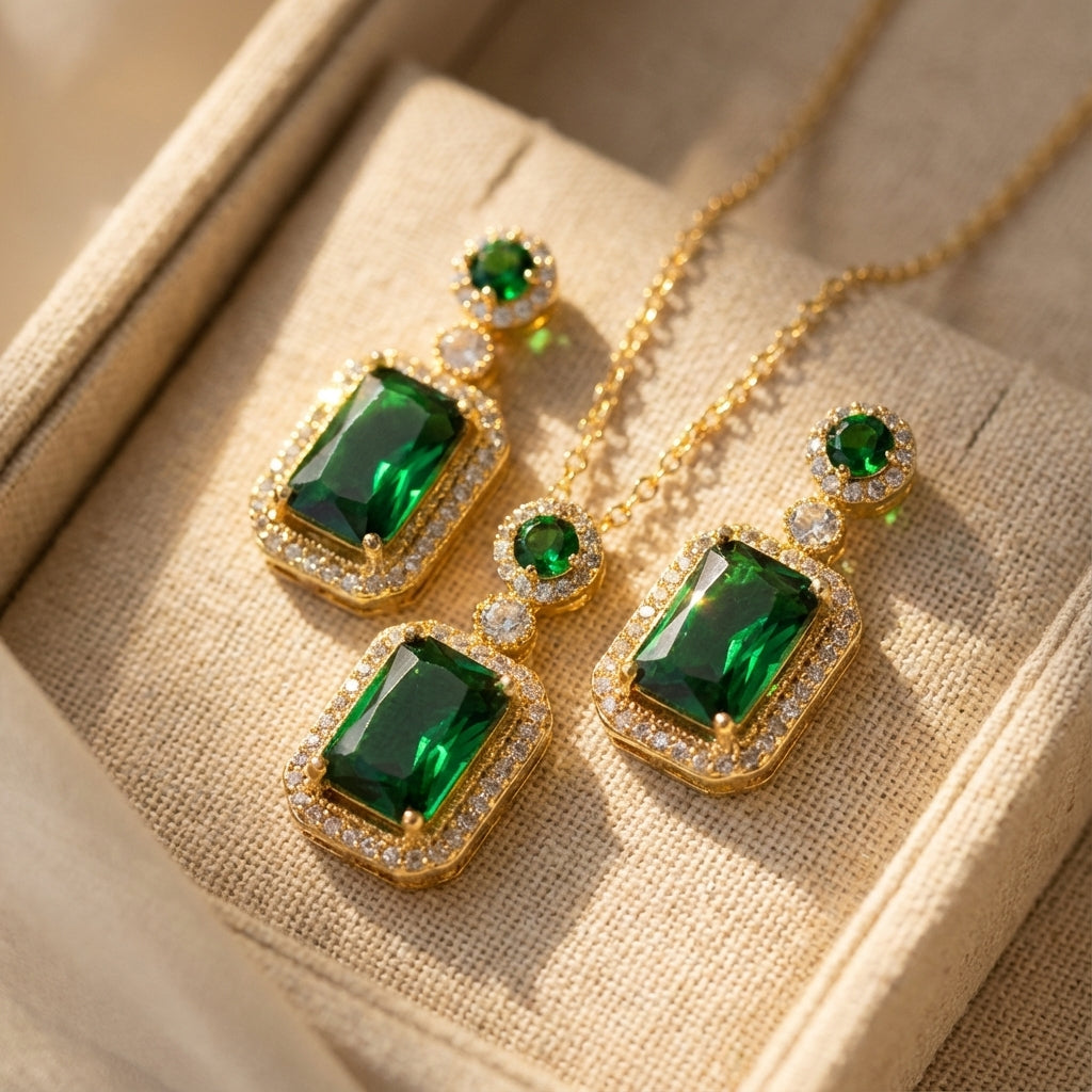 Green Emerald-Cut Stone Necklace and Earrings Set