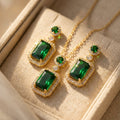 Green Emerald-Cut Stone Necklace and Earrings Set