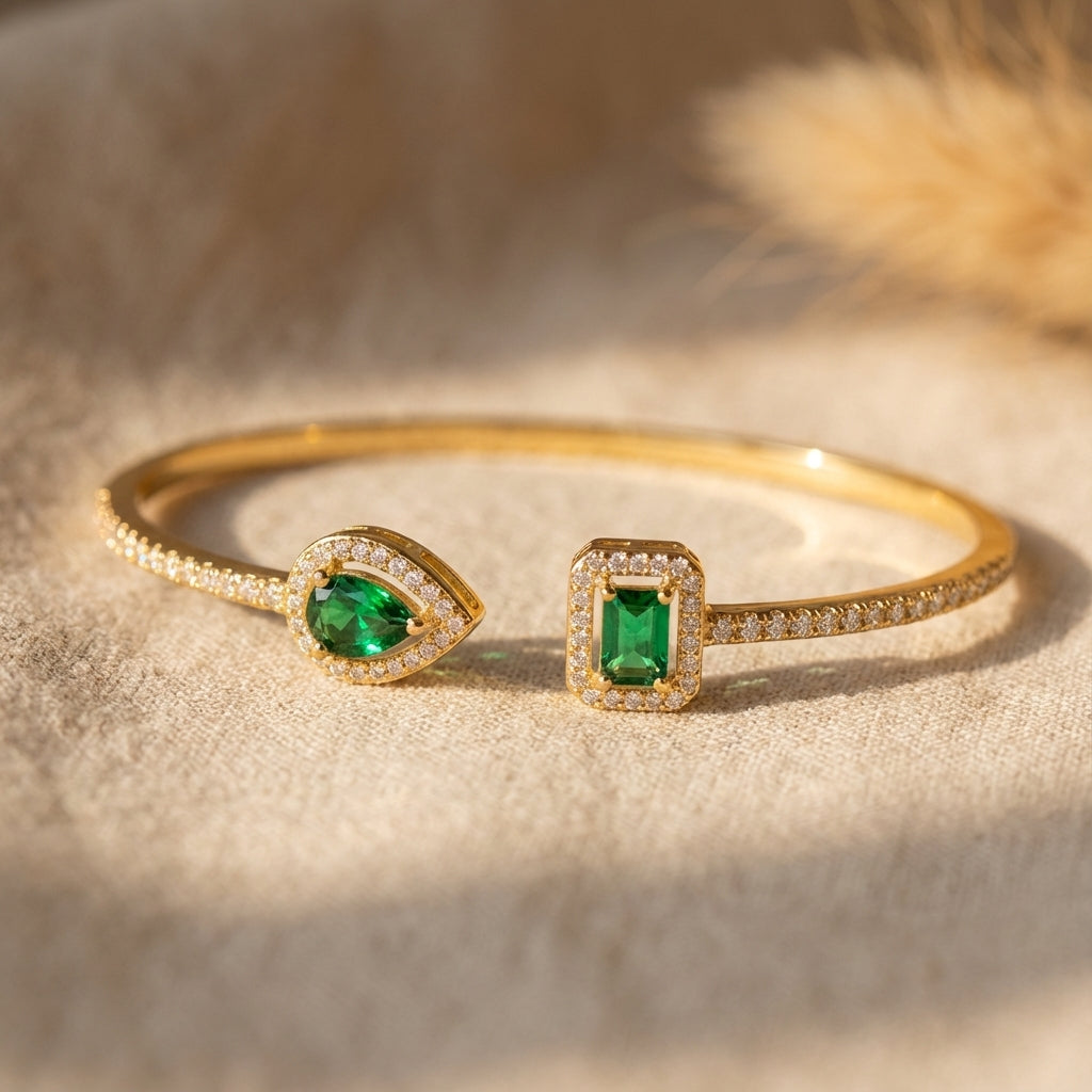 Gold-Tone Bangle with Inlaid Green Zirconia