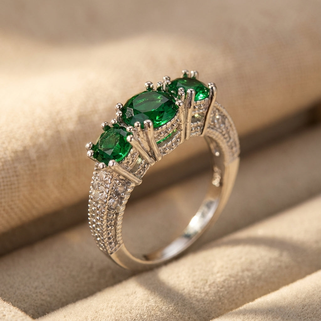 Zilverkleurige ring met drie groene kristallen en gegraveerde band