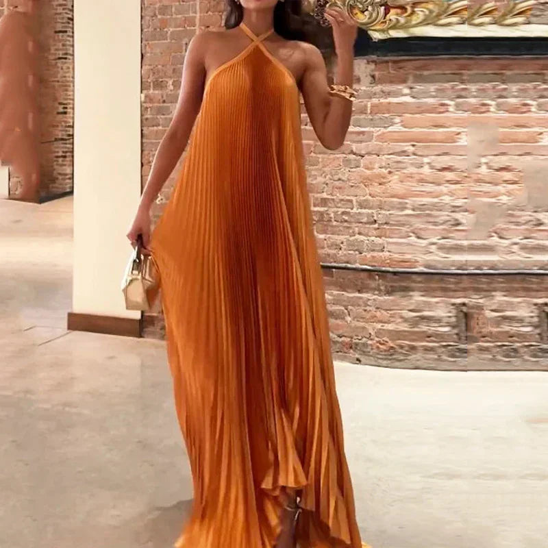 Pleated Halter Neck Crossed Front Maxi Dress