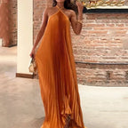 Pleated Halter Neck Crossed Front Maxi Dress