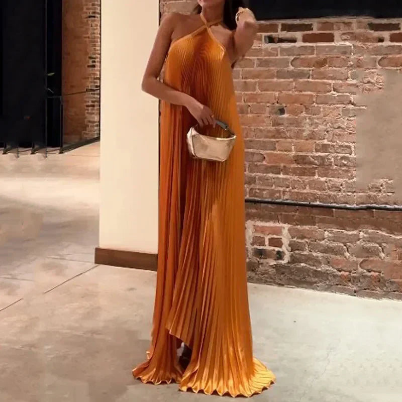 Pleated Halter Neck Crossed Front Maxi Dress