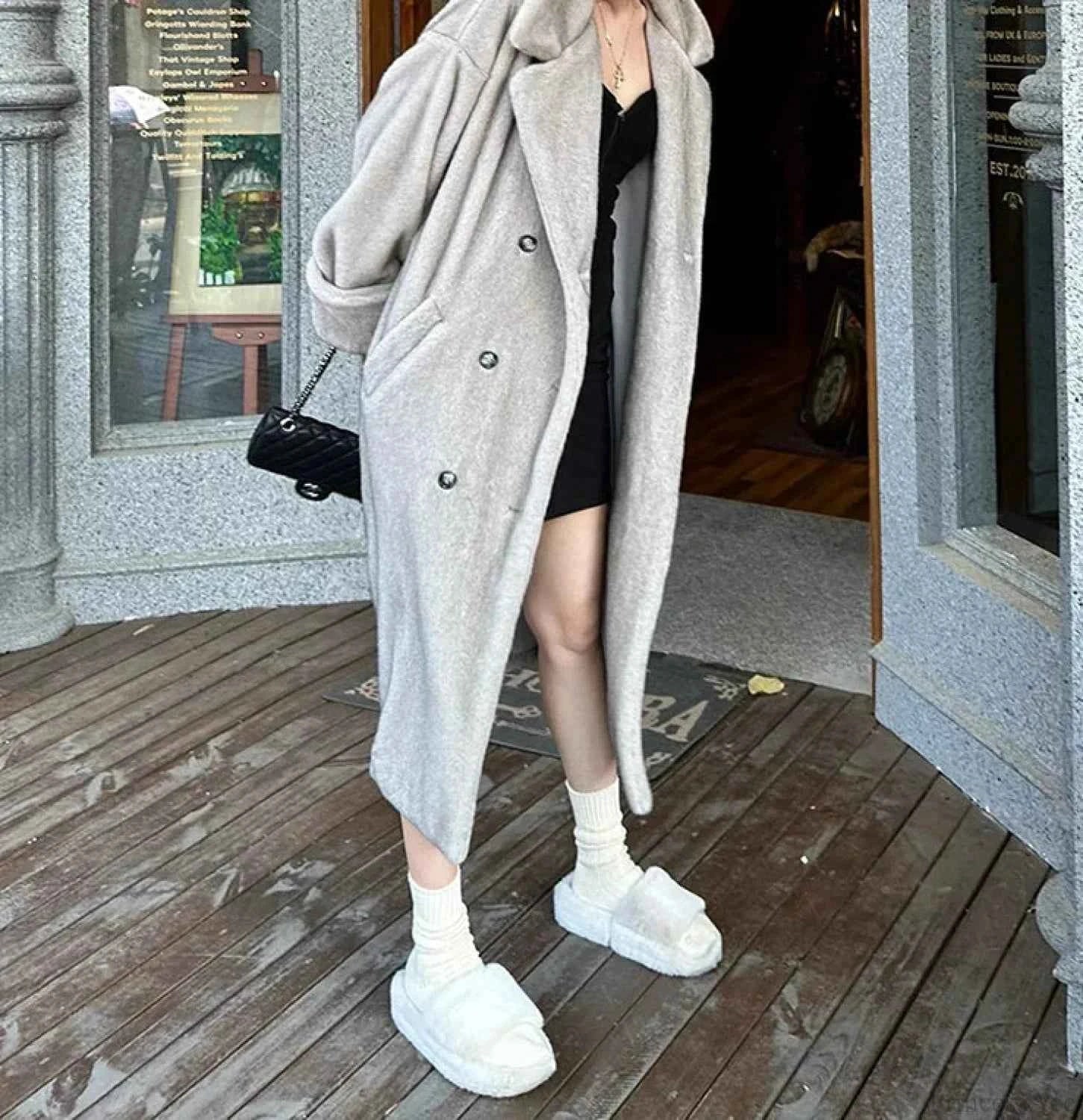 Double-Breasted Faux Fur Coat with a Turn-Down Collar