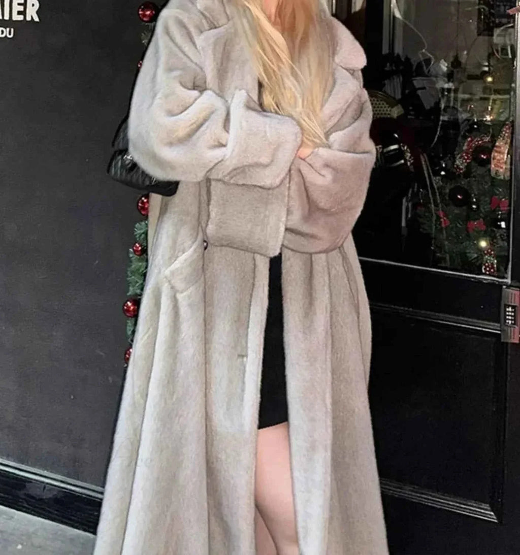Double-Breasted Faux Fur Coat with a Turn-Down Collar