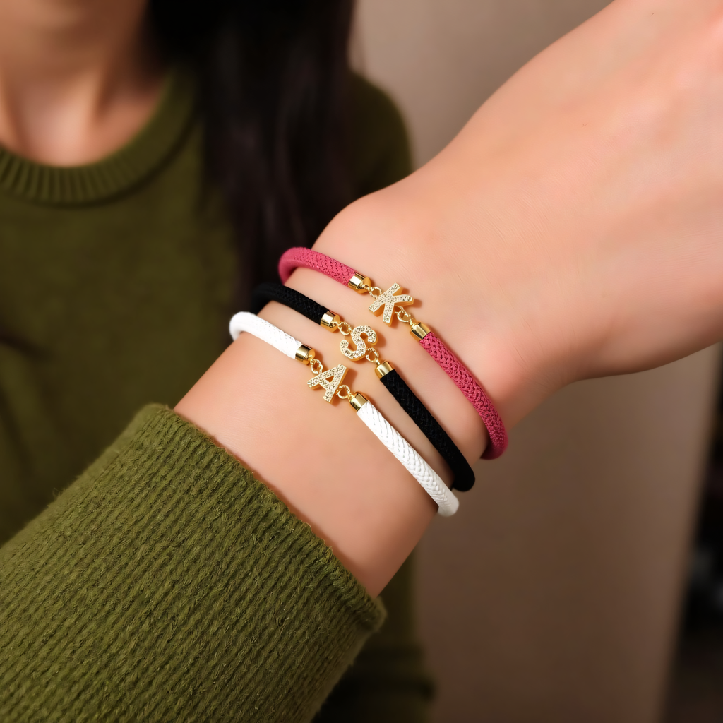 Dainty Initial Cord Bracelet with Pavé Charm