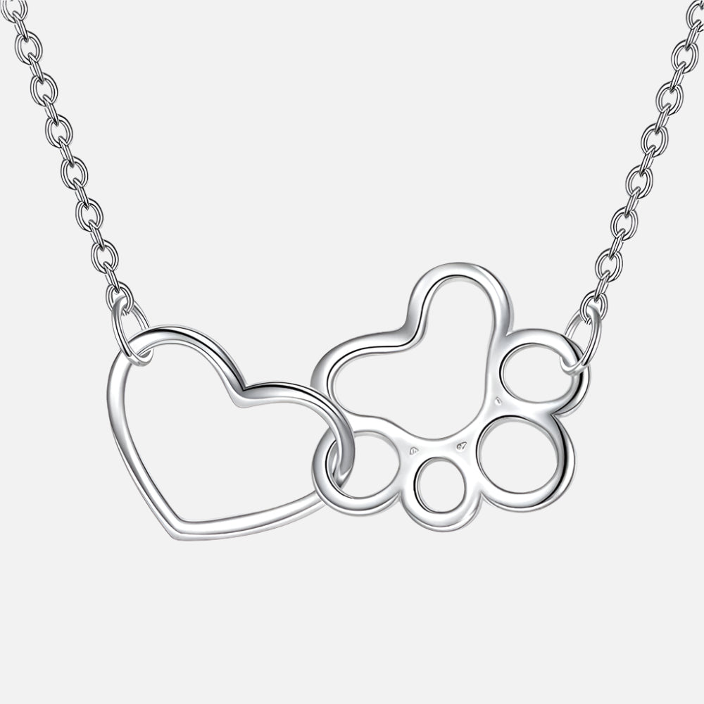 Sterling Silver Paw Print Necklace with Heart Crystal Pendant