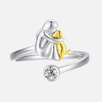 Handmade Adjustable 925 Sterling Silver Hugging Dog Ring with Zirconia