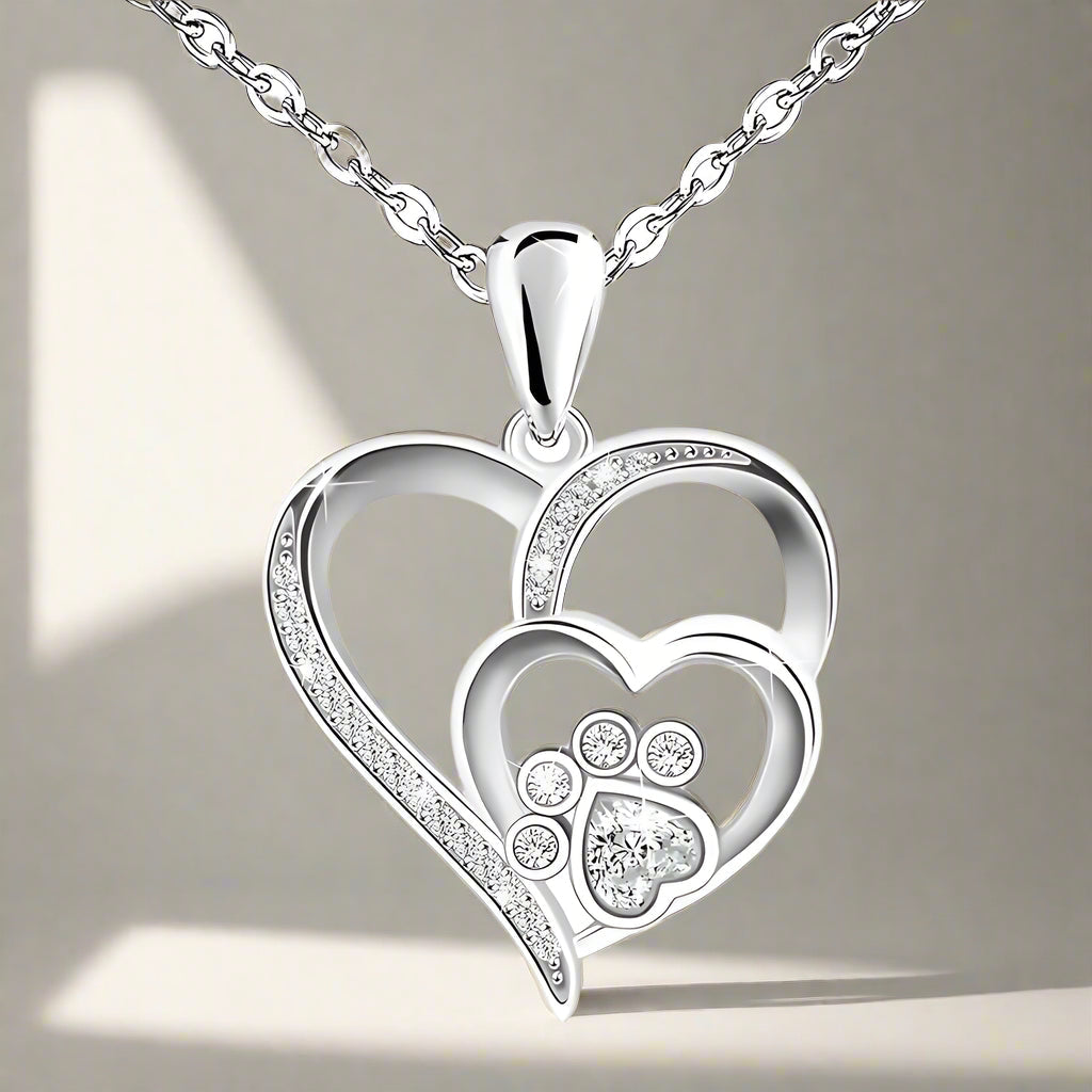 Sterling Silver Double Heart Paw Pendant with Zirconia