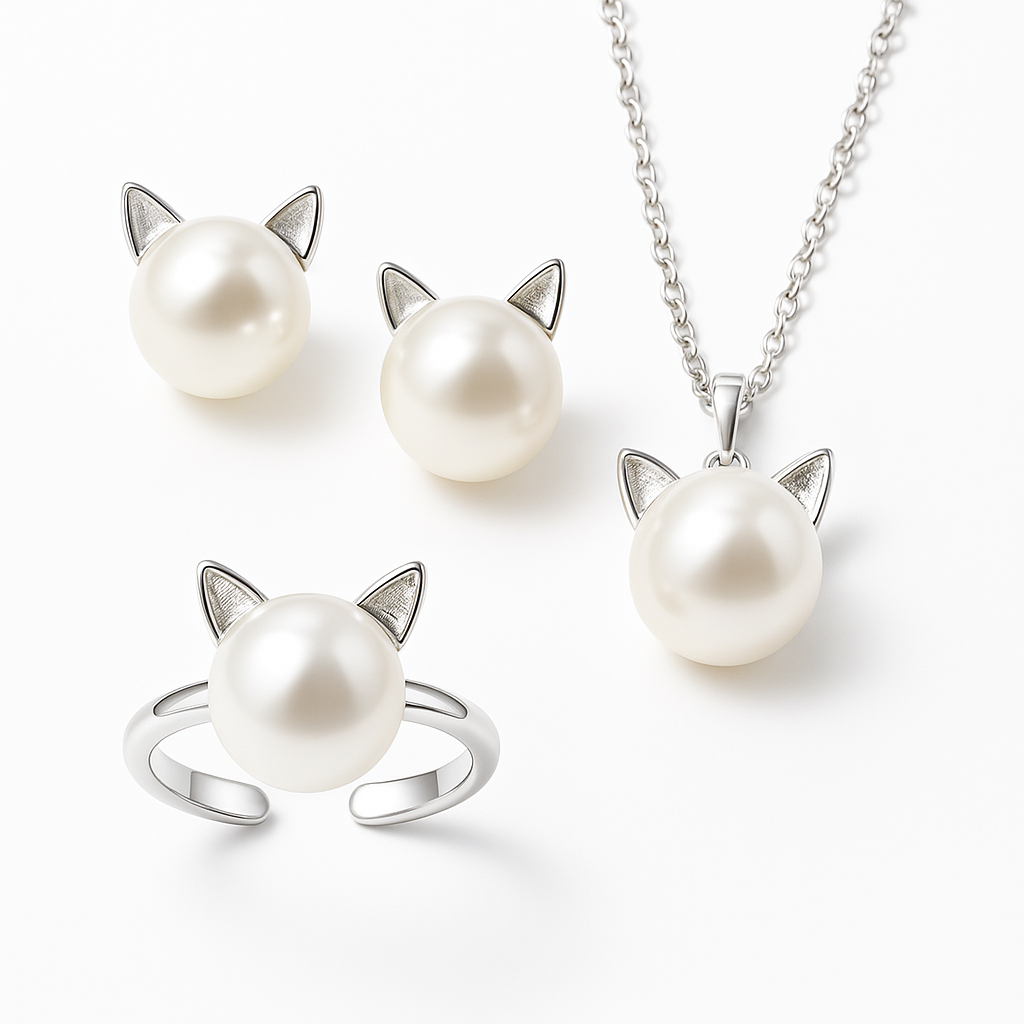 Pearl Cat Necklace, Earrings and Ring Set