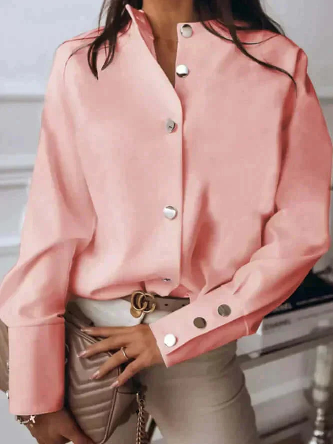 High-Neck Blouse with Long Sleeves and Button Cuffs