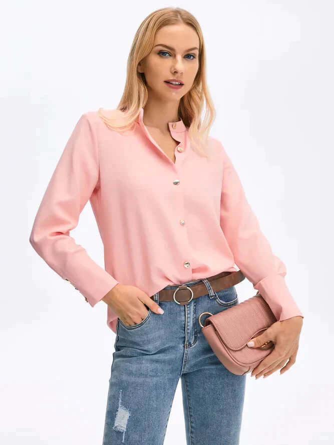 High-Neck Blouse with Long Sleeves and Button Cuffs