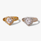 Adjustable Heart Ring with Zircon, Gold-Plated Steel