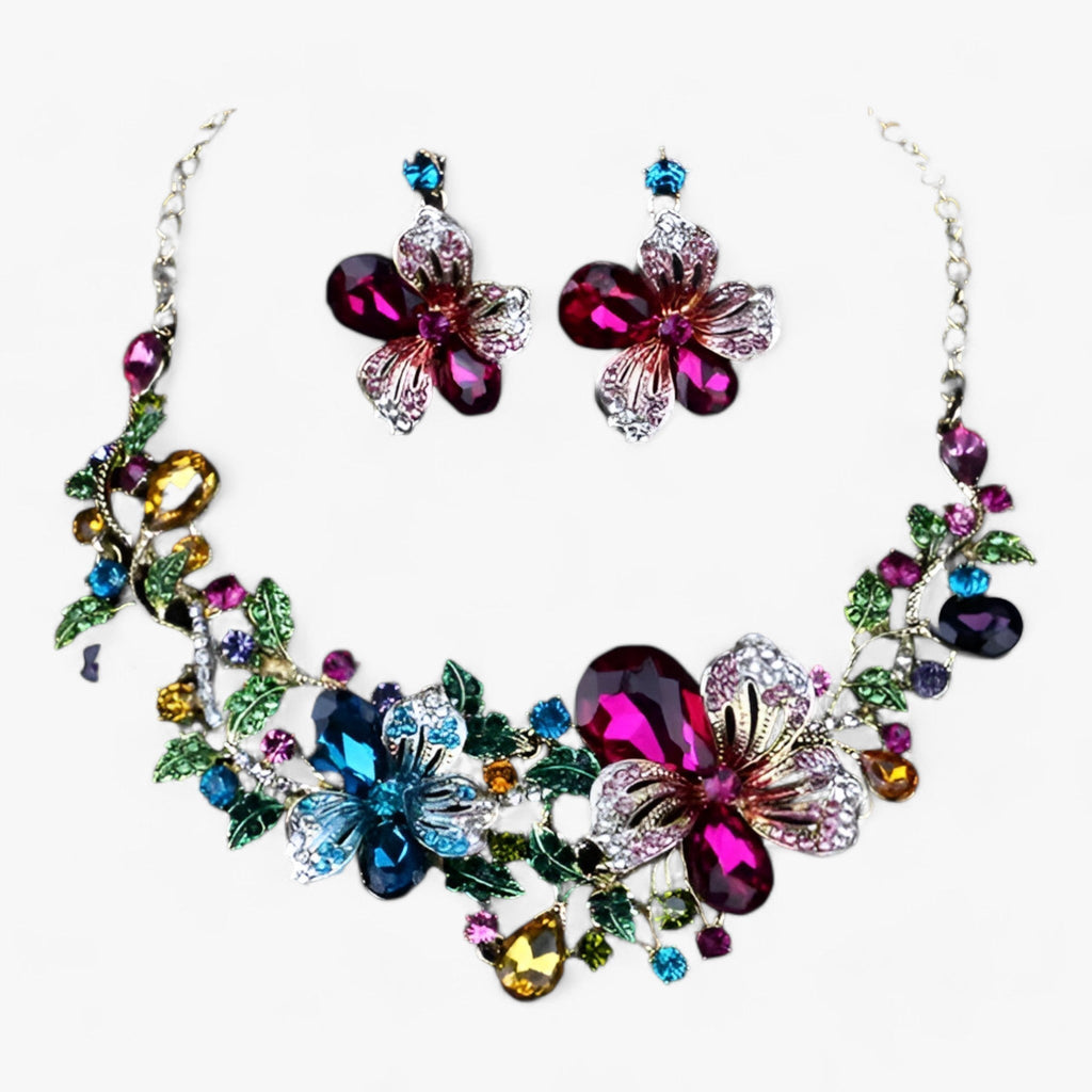 Enamel Flower Necklace and Earring Set, 42cm