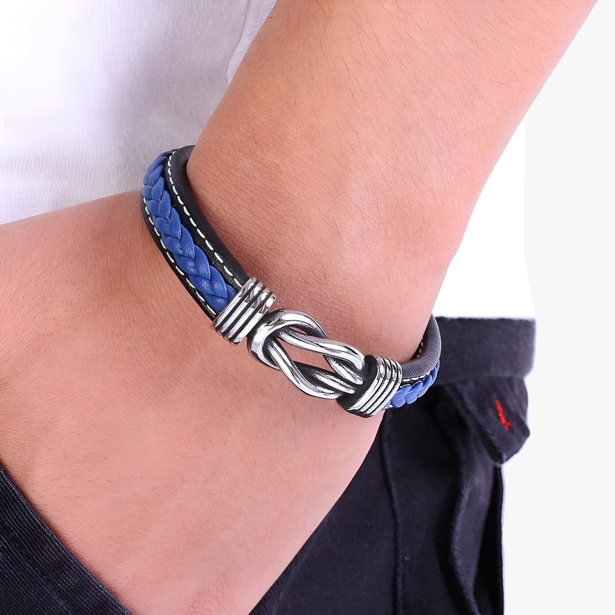 Leather Bracelet with Knotted Stainless Steel Detail