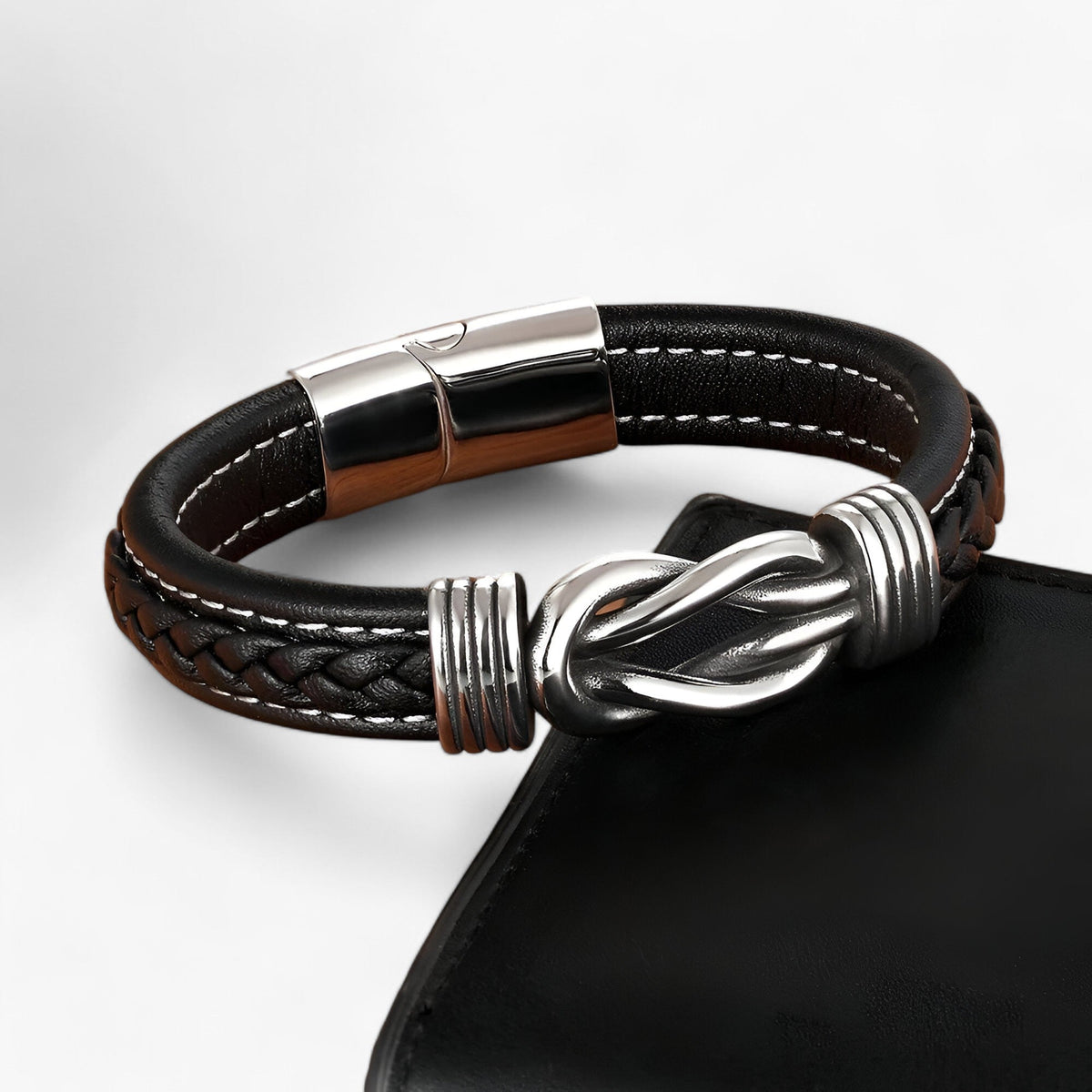 Leather Bracelet with Knotted Stainless Steel Detail