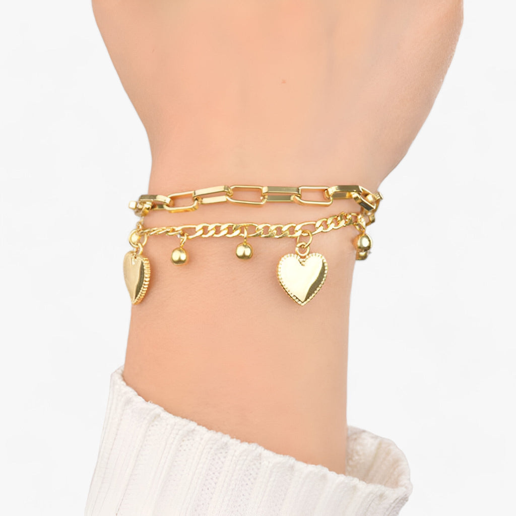 Two-Layer Chain Bracelet with Pearls and Heart Charm