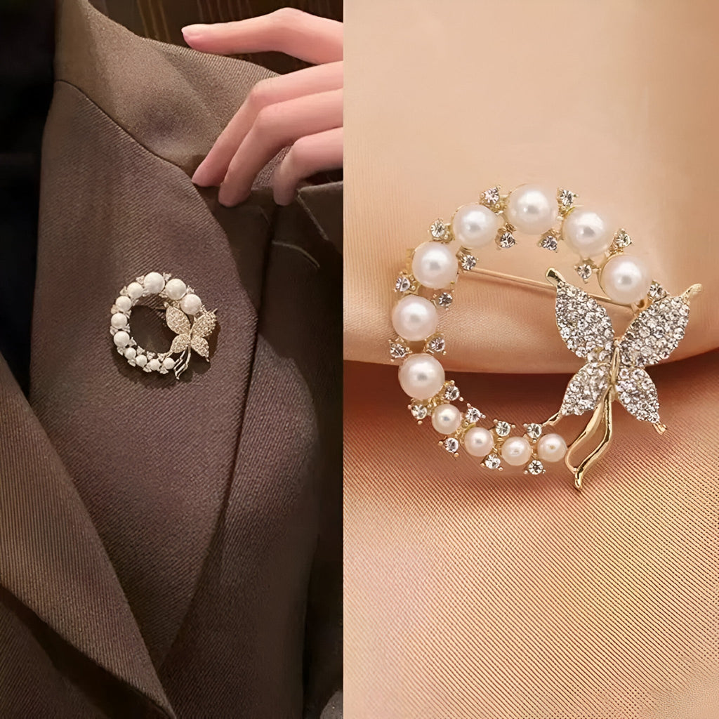 Vlinderbroche met parels en strass