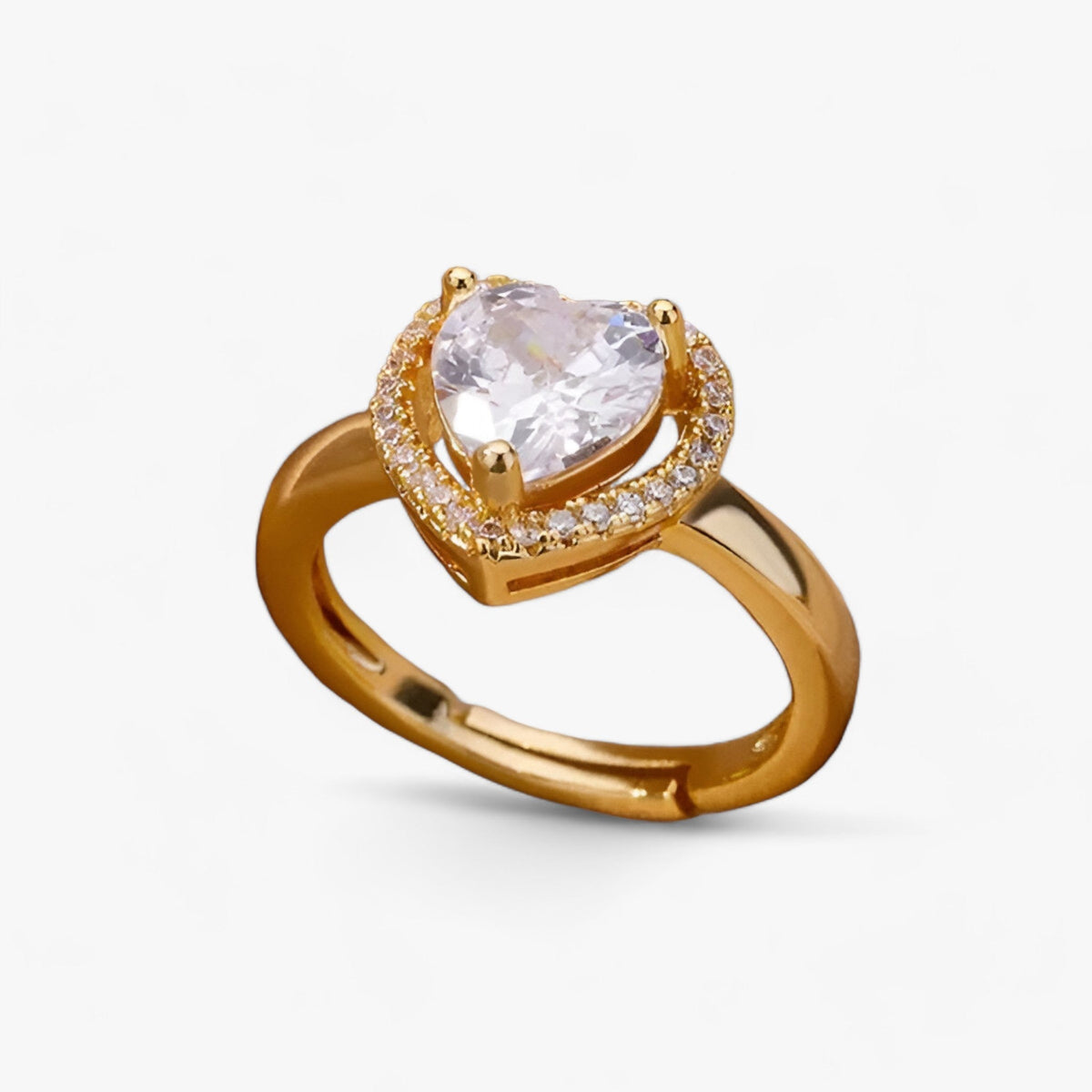 Adjustable Heart Ring with Zircon, Gold-Plated Steel
