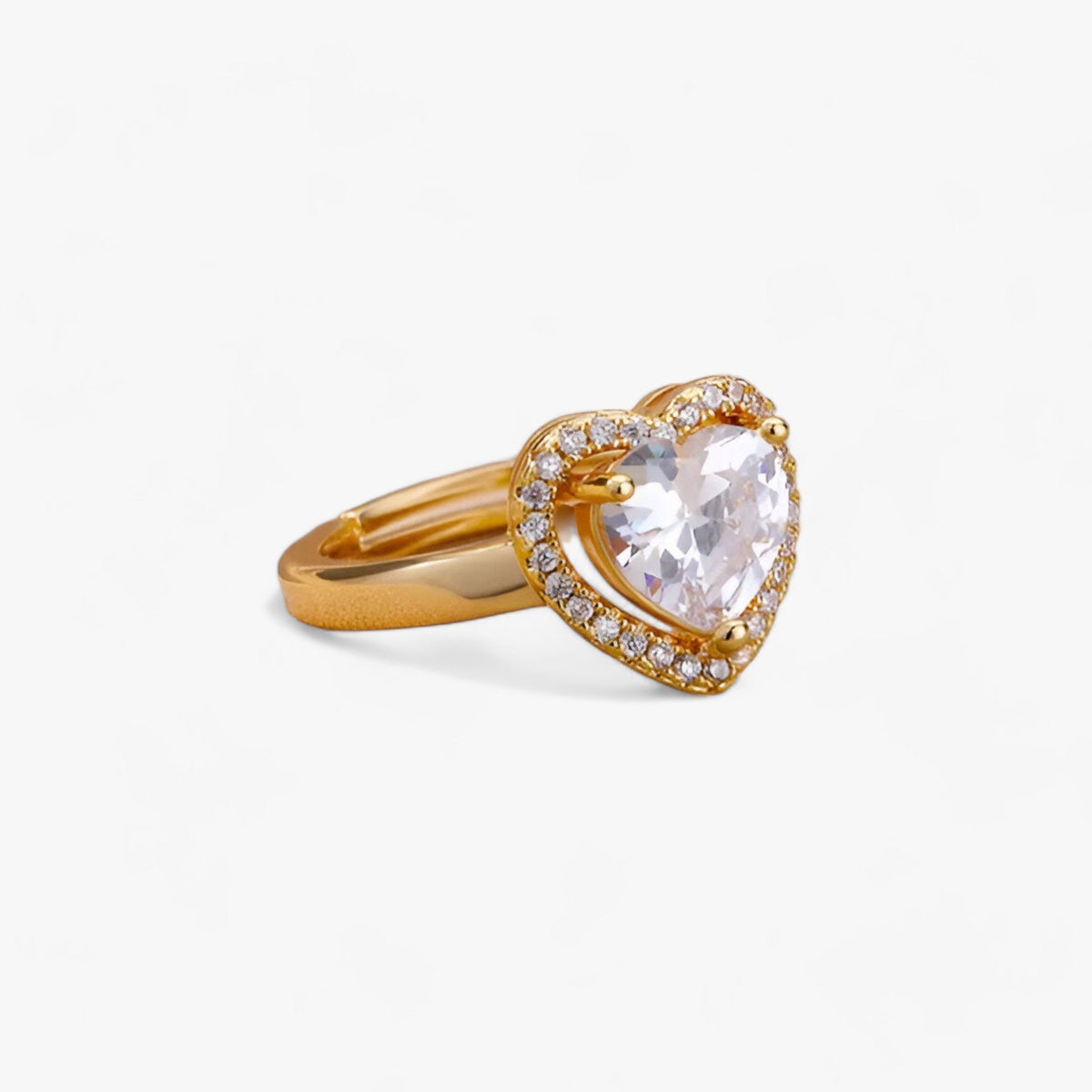 Adjustable Heart Ring with Zircon, Gold-Plated Steel
