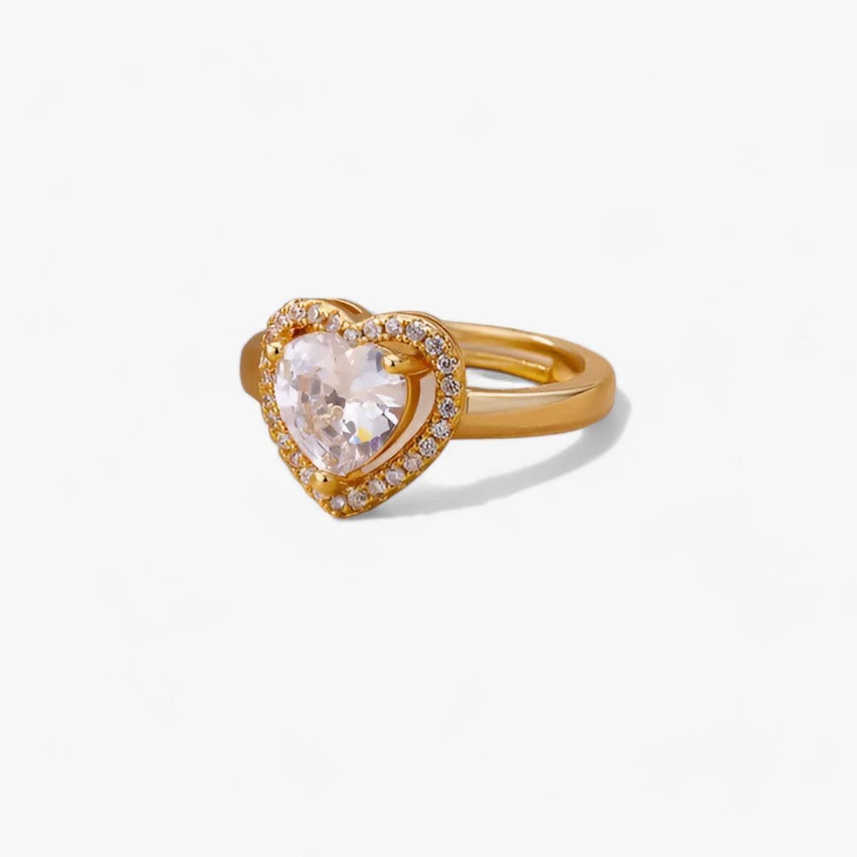 Adjustable Heart Ring with Zircon, Gold-Plated Steel