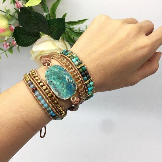 Blue Chrysocolla and African Turquoise Wrap Bracelet
