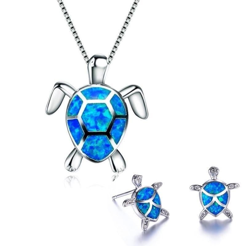 Sea Turtle Necklace and Earrings Set with Opal-Look Stone