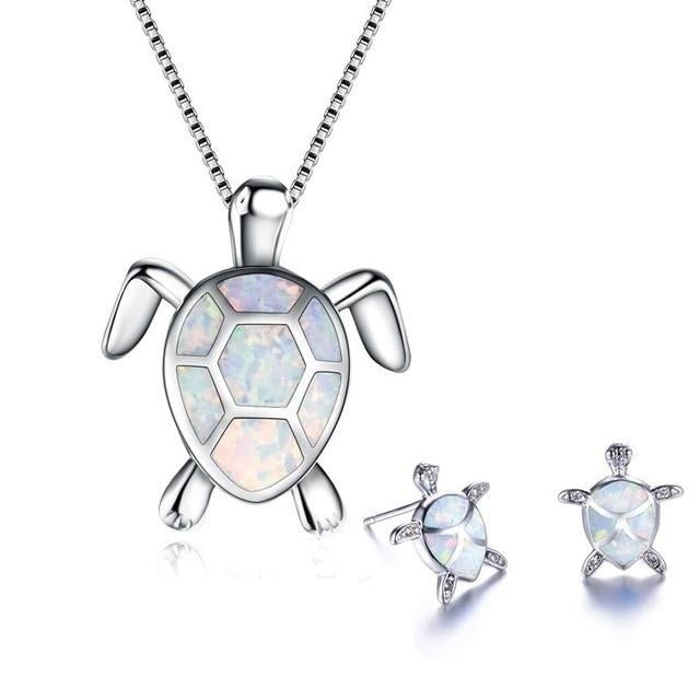 Sea Turtle Necklace and Earrings Set with Opal-Look Stone