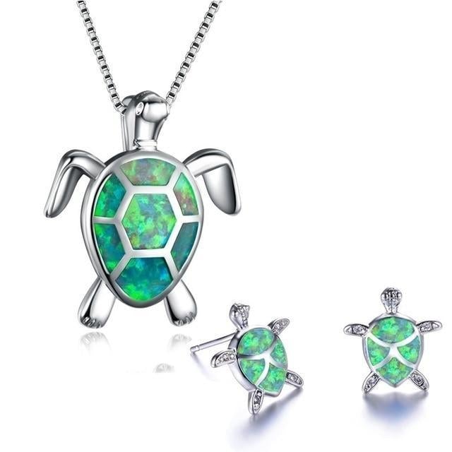 Sea Turtle Necklace and Earrings Set with Opal-Look Stone