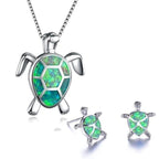Sea Turtle Necklace and Earrings Set with Opal-Look Stone